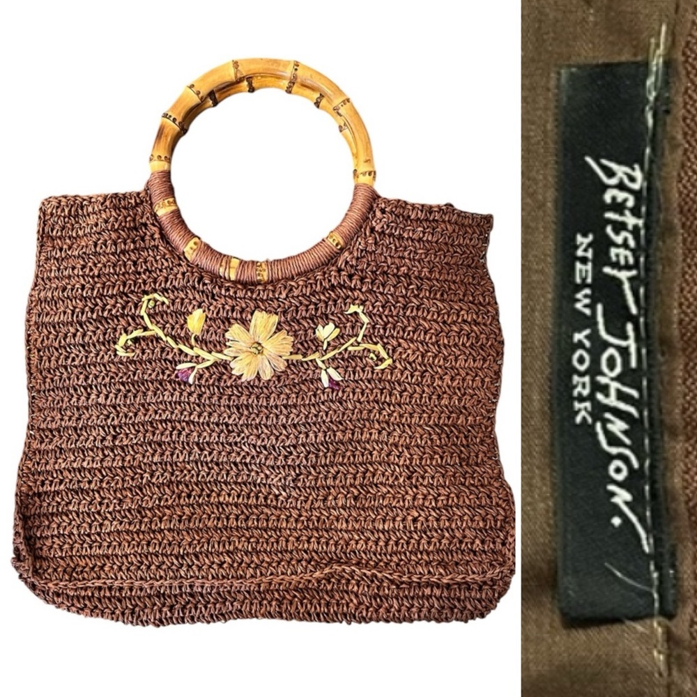 🔥6HR SALE🔥 Vintage Betsey Johnson New York Woven Bag Embroidery Bamboo Handle